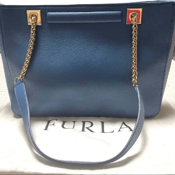 Furla Blue Leather Chain Tote Shoulder Bag with Gold Hardware - Picture 6 of 11